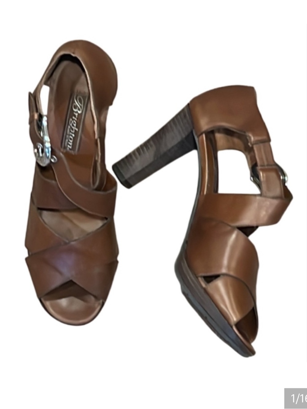 Brighton Vogue Brown Leather Heels with Crisscross design Silver Buckles Size 8M